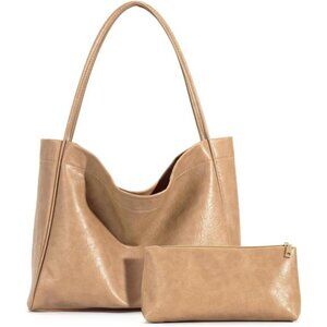 Tote Bag Beige for Women 2 Pcs Large Casual PU Weekender Bag Soft Vegan Leather